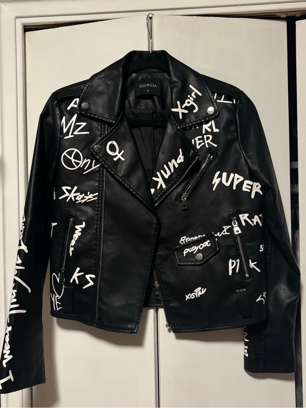 Black Faux Leather Graffiti Biker Jacket